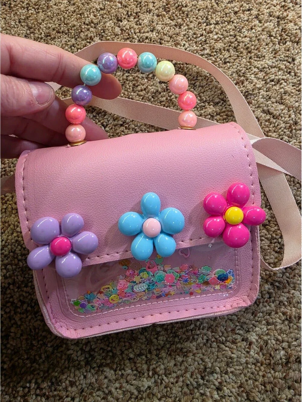 Pink Purse with Colorful Beaded Handle and Flower Accents